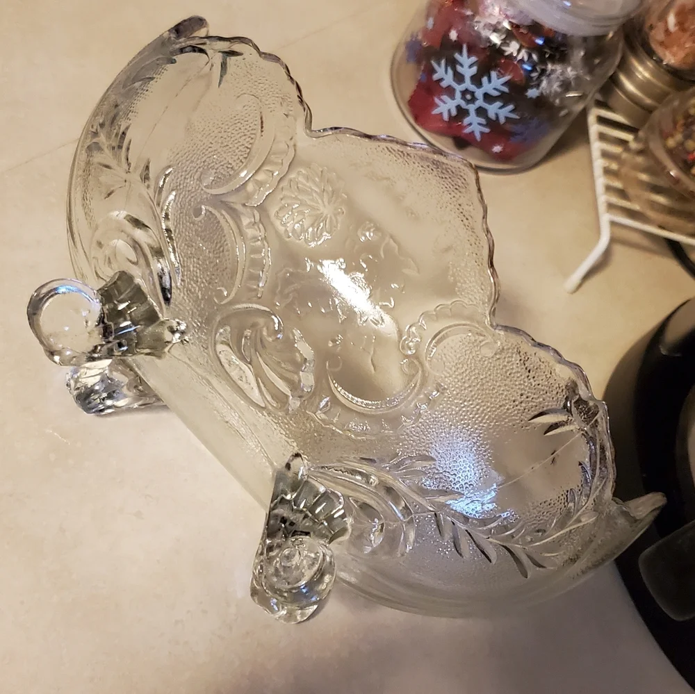 Etched glass footed oval serving bowl with gold trim